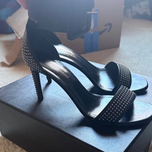 Saint Laurent Black Studded Leather Stiletto Sandals - box and dust bag - Picture 3 of 5